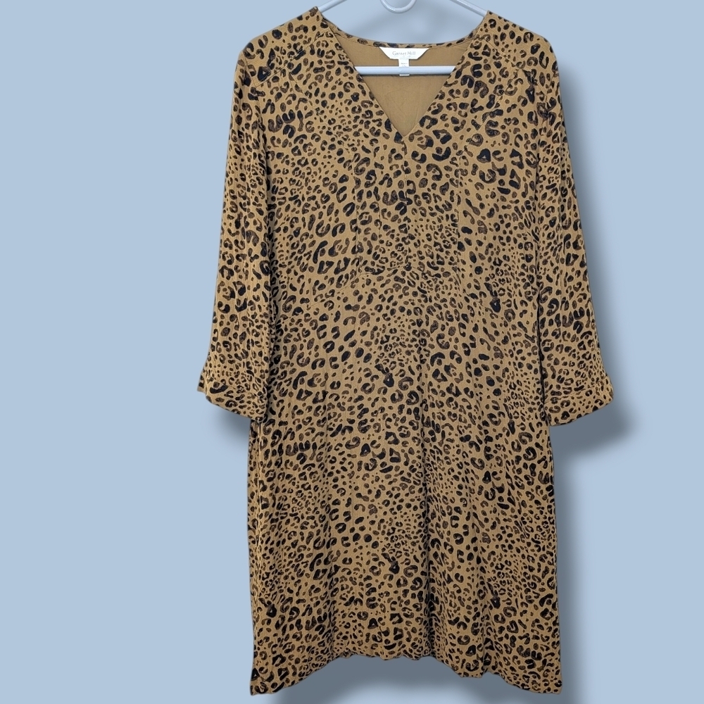 Garnet Hill Olive Green Leopard Lenzing Viscose V-Neck 3/4 Sleeve Mini Dress M